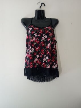 No Boundaries Black Floral Fringe Tank Top